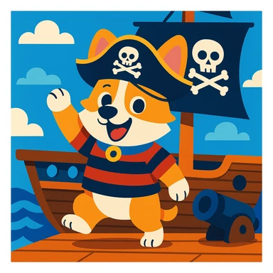 cartoon pirate corgi on a pirate ship, playful, vibrant colors sticker