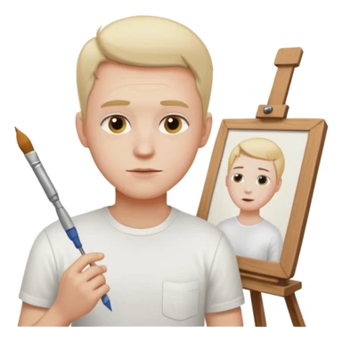 the white artist stands with his back to the painting, painting a portrait sticker