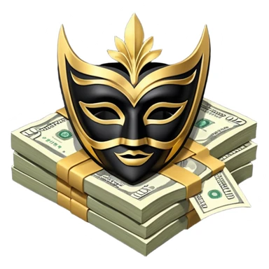 3D isometric icon, a sleek matt black Venetian mask with gold trim, resting on a single large stack of neatly bound US dollar bills, premium design, deep black background. sticker