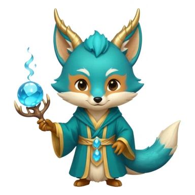 Chibi teal fox with small antler horns, confident magical expression, gold mark on forehead, teal-gold robe, holding glowing blue water orbs, with dragon tail with small antler horns sticker