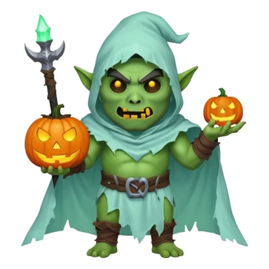 male orc warrior ghost emoji, green skin, tusks, wearing torn white ghost sheet costume, holding glowing jack-o'-lantern, faint blue aura, friendly but spooky expression, Halloween fantasy theme, Apple emoji style, clean white background, square sticker