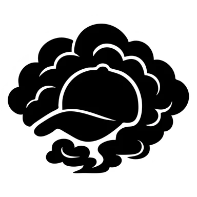 red cap centered with swirling dark stormclouds behind, filled icon, high contrast, no text sticker