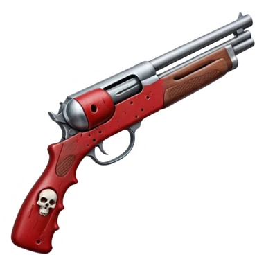 Hands on a bloody shotgun pointed out to shoot from the cameras perspective. In the style of your bloody skull art work sticker