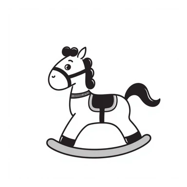 A hand-drawn toy rocking horse with western details and a cute face sticker