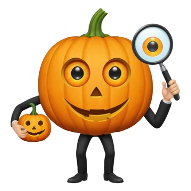 A pumpkin smiling at a magnifying glass (the magnifying glass has limbs and a suit thats black, the magnifying glass also has a eye, looks like a cyclops eye, one eye in the middle turn the magnifying glass into a living person) sticker