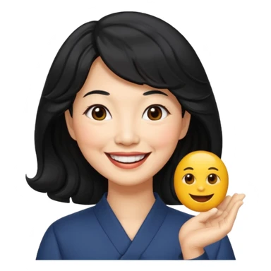 60 yr old asian woman, wavy thick black hair, side part, side swept bang, big smile sticker