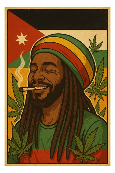 A digital vintage-style poster illustration of a Jordanian Rasta man with dreadlocks, wearing a red, yellow, green striped tam hat. He is smiling peacefully with a lit herbal spliff in his mouth. The background features the official Jordan flag — black, white, green horizontal stripes with a red triangle and a white 7-point star — accurately displayed behind him. Cannabis leaves are tastefully arranged around the composition, and the poster includes Rasta color textures blended with the Jordanian palette. Use a retro poster style with warm, slightly aged textures, bold outlines, and soft shading to evoke a soulful reggae vibe that honors both Jordanian pride and Rasta spirit. The mood is chill, powerful, and respectful sticker