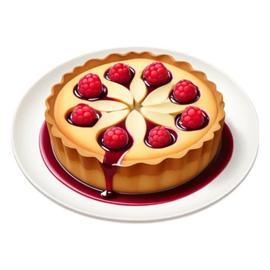 part de clafoutis pommes pires surmonté de coulis de fruits rouges et de miettes de pain d'épices. La part est contenue dans une petite assiette bordeaux sticker