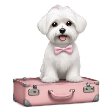 Maltese dog in a light pink bag standing on a suit case  sticker