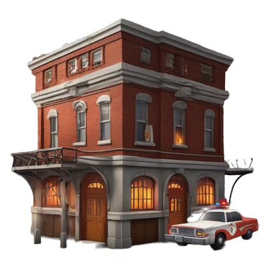 Very old dilapidated Firehouse building shaped like the Ghost Busters Firehouse with solar lights and decorative and detailed interior design with police barricades and police barriers around it  sticker