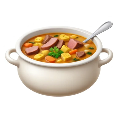Cinematic Realistic Sancocho Soup Dish Emoji, featuring a rich, hearty stew with diverse meats and vegetables rendered with lifelike detail and warm, comforting lighting. sticker