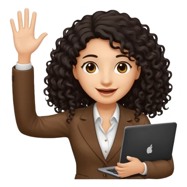medium deep tan brown business woman with long black curly hair, waving hand with happy face and holding a laptop sticker