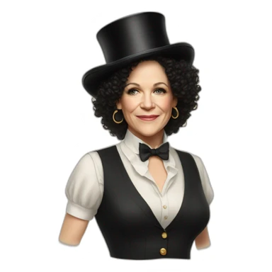 Susie Essman wearing a top hat, a 70s vest, and hoop earrings sticker