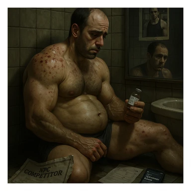 A 35-year-old bodybuilder sits shirtless on a bathroom floor, clutching an empty vial labeled "Test E 250mg". His physique shows the paradox of PED abuse: bloated stomach (high estrogen), but zero exceptional muscle gains.  

Hyper-detailed elements:  
- **Needle marks** (track lines) on glutes with fresh bruising  
- **Acne clusters** on shoulders (CYP-induced)  
- **Lab papers** showing crashed LH/FSH (HPTA suppression)  
- **Phone screen** glowing with forum posts: "No risultati in 8 weeks"  

The mirror reflects his exhausted face (dark circles, receding hairline) contrasting with gym selfies on the wall showing his younger natural self. A torn "NPC Competitor" certificate floats in dirty water.  sticker