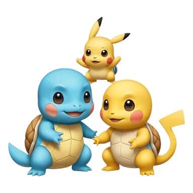  Pikachu has a light to share, but Squirtle has none. Pikachu sees this is unfair, so he shares the light with Squirtle. They smile and eat together. Show this as a cute Pokémon emoji scene about justice and fairness.

 sticker
