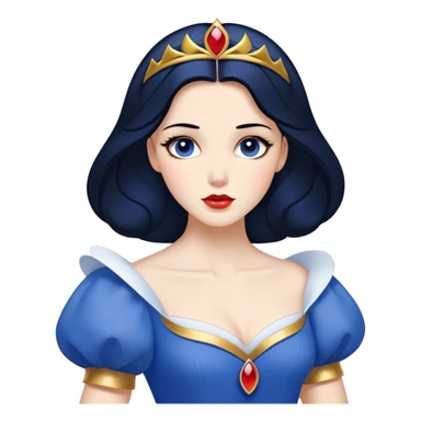 Cinematic Timeless Snow White Portrait Emoji, rendered in a clean, vector style. Depict Snow White with flawless porcelain skin, elegantly styled raven hair, and a serene, graceful expression, dressed in her classic blue and gold ensemble. The design features bold, simplified shapes, a soft, enchanting glow, and a subtle glowing outline, epitomizing pure, timeless beauty. sticker