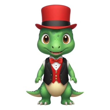 Steampunk:a very cute and adorable green anthropomorphic baby dinosaur with a red top hat sticker