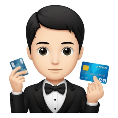 make a genmoji of a boy with a an amex card in hand and wearing a tux, black hair sticker