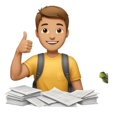 man standing on a mountain of papers, showing a thumbs up sticker