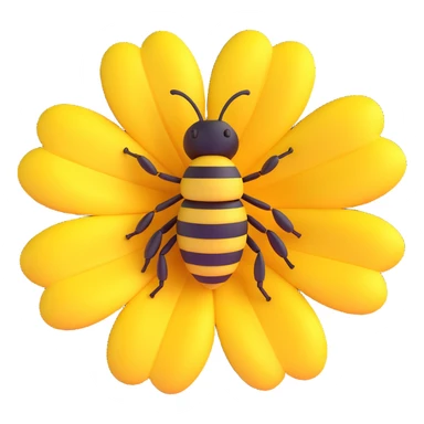 Redraw this close-up photo of a large yellow flower with a bee in the center in a volumetric 3D iOS cartoon style: bright colors, cartoonish shapes, clean modern background, emphasis on volume and light-shadow play. sticker