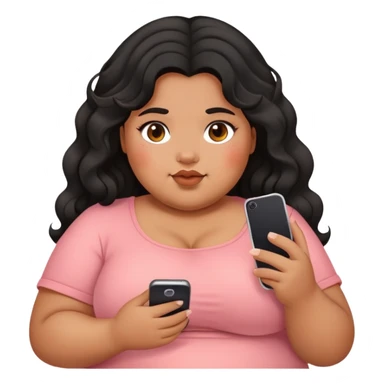Fat girl with black wavy hair holding phone tan and blush a little sticker