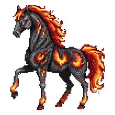 A red fire horse made of embers and magma, with visible lava flowing through its body, flames burning off its mane and tail, and ash particles surrounding it sticker