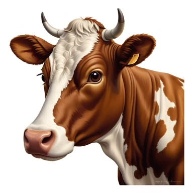 Cinematic Noble Brown and White Cow Portrait Emoji, Poised and regal, with a large, sturdy build and a beautifully patterned hide of rich brown accented by crisp white patches, deep-set soulful brown eyes, Simplified yet sharp and sophisticated features, highly detailed, glowing with a soft, dignified glow, high shine, intelligent and calm, stylized with an air of pastoral majesty, focused and attentive, soft glowing outline, capturing the essence of a watchful and confident bovine guardian, so majestic it feels as though it could amble out of the screen with effortless authority! sticker