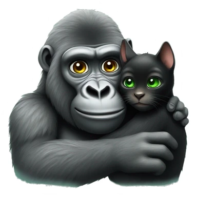 Friendly gorilla hugging a black cat with green eyes sticker