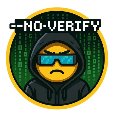 emoji style icon, '--no-verify' in pixelated font, matrix code falling, cyberpunk hacker look sticker