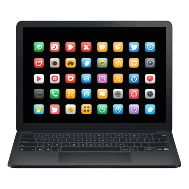 A simple black laptop displaying app icons in grid, no key labels sticker