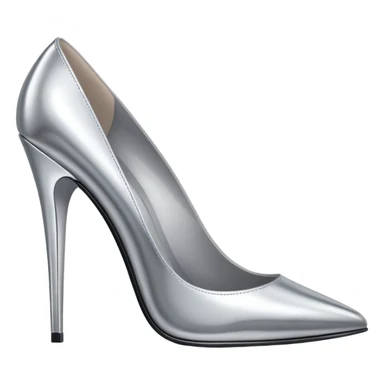 A pair of high heel shoes emoji made of polished silver chrome, elegant sharp silhouette, smooth metallic surface, glossy reflections, luxury sexy vibe, minimalistic iOS emoji style, centered, clean white background sticker