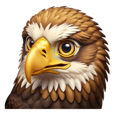 Cinematic Cute Golden Eagle Portrait Emoji, Head tilted playfully and inquisitively, featuring a compact, streamlined form with subtly ruffled, golden plumage and round, sparkling eyes full of spirited charm, Simplified yet irresistibly adorable features, highly detailed, glowing with a warm, inviting glow, high shine, affectionate and lively, stylized with a touch of whimsical aerial grace, soft glowing outline, capturing the essence of a mischievous yet endearing golden eagle that seems as if it could glide out of the screen into your heart! sticker