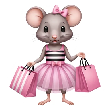 rat with a pink dress and tutu holding a black and white striped shopping bag sticker
