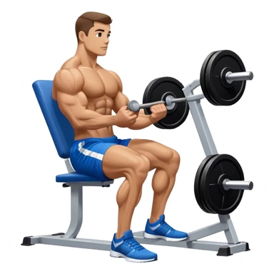 side-view bodybuilder in blue shorts seated weighted calf-raise machine lower leg exercise sticker