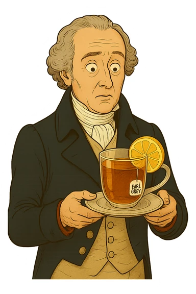 Используя такую стилистику сгенерируй графа Чарльза Грея, который задумчиво и удивленно держит в руках тарелку с чашкой черного чая Эрл Грей и лимоном внутри, прозрачный фон sticker
