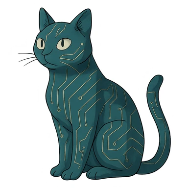 ghibli style sleek cybercat with circuit patterns sticker