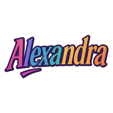 The name 'Alexandra' in a thick, colorful, edgy, youthful, elegant font, text only, no emoji, transparent background. sticker
