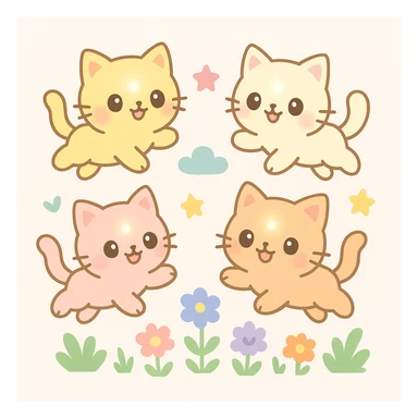 adorable small kittens, glowing and smiling, jumping in a colorful garden, cheerful and lively sticker