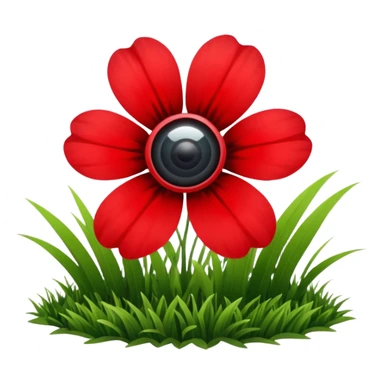 red flower in a grassy area with a bright sun in the sky, fish eye lens effect sticker
