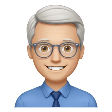 30 yr old pale white man, white/grey side swept stylish hair, round glasses, big smile, white teeth, handsome, longer hair, thin glasses, blue dress shirt sticker