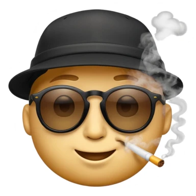 A high-res yellow face emoji with black sunglasses and a backwards black cap, smirking with half-lidded eyes and exhaling soft gray-white smoke, with detailed shading, glossy lenses, and realistic smoke wisps. sticker