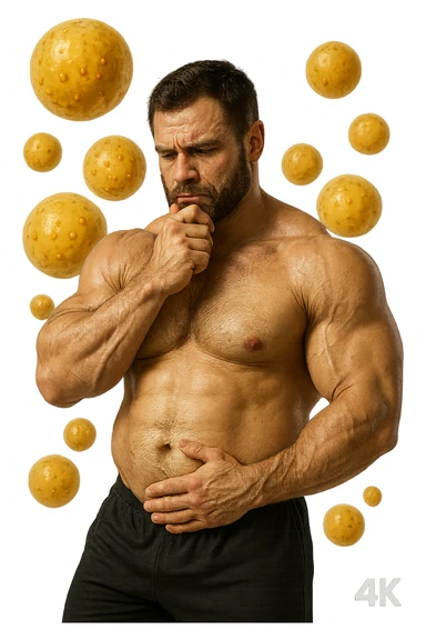 bodybuilder che si tocca la pancia con espressione pensierosa in volto, cellule di grasso gialle (adipociti) fluttuano dietro di lui, iperrealistico 4k sticker