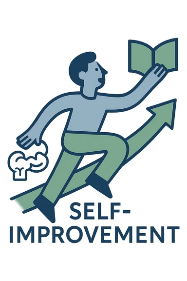 Add a book or brain icon to the self improvement logo. Maintain the modern, uplifting, clean lines style with an abstract human figure in upward motion. Use a blue and green color palette. No background. Keep the design harmonious and balanced. sticker