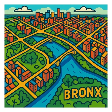 360-degree aerial view of the Bronx, with urban landscape, green spaces, and the Harlem River, vibrant illustrated style sticker