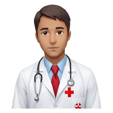 "A bust of a professional male doctor wearing a white lab coat with a red cross emblem on the chest. Underneath, he has a light blue dress shirt and a red tie. A stethoscope is draped around his neck, with silver earpieces and a dark rubber tube. His expression is calm and confident, with neatly styled short hair and a reassuring presence. Behind him, a faint medical chart with a heartbeat line (EKG waveform) subtly reinforces the medical theme. The background is plain white for clarity and simplicity sticker