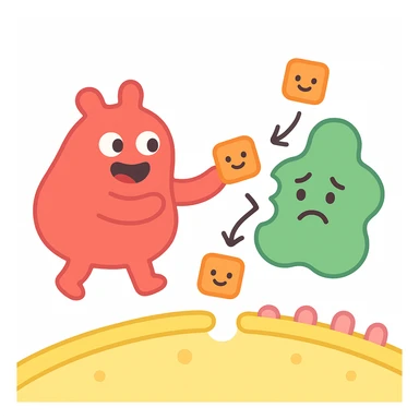 Ultra-detailed emoji-style illustration of enzyme digestion: Red amylase breaking green starch into sugars near a yellow cell membrane. Clean white background, no text. Scientific but simple, cartoon-exact shapes sticker