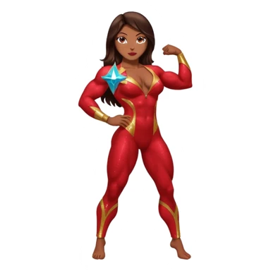 Bodybuilder woman with sparkly red suit and long dark brown hair in a bodybuilding side pose sticker