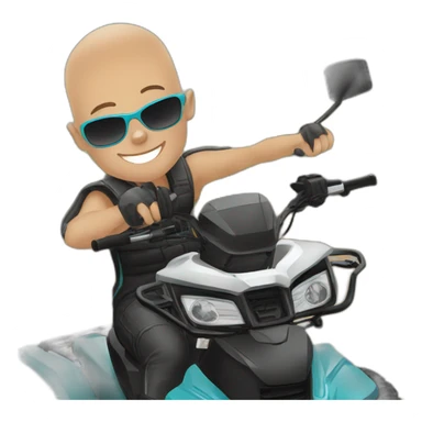 Young man on atv quad cfmoto, no hair, sunglass sticker