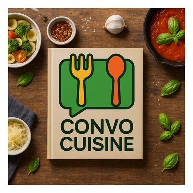 Place the green playful logo with chat bubble and utensils prominently and clearly on a cookbook background, ensuring the logo stands out and is easily visible. sticker