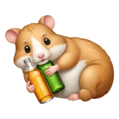 sleepy hamster lying on its back, holding a beer bottle sticker